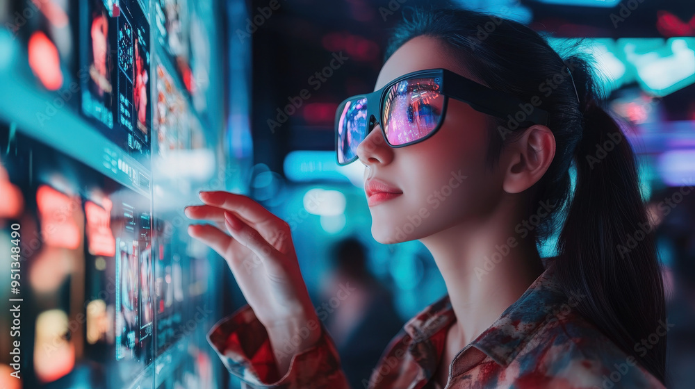 a woman look at product in virtual screen a woman look at product in virtual screen