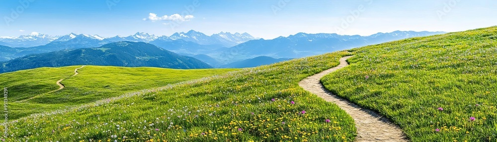 Winding hiking trail through vibrant alpine meadows filled with wildflowers, leading towards distant mountain ranges, ideal for travel inspiration Winding hiking trail through vibrant alpine meadows filled with wildflowers, leading towards distant mountain ranges, ideal for travel inspiration