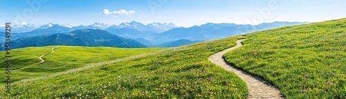 Winding hiking trail through vibrant alpine meadows filled with wildflowers, leading towards distant mountain ranges, ideal for travel inspiration