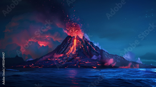 A volcano erupts in the ocean, with lava spewing out of it. The sky is dark and the water is calm photo