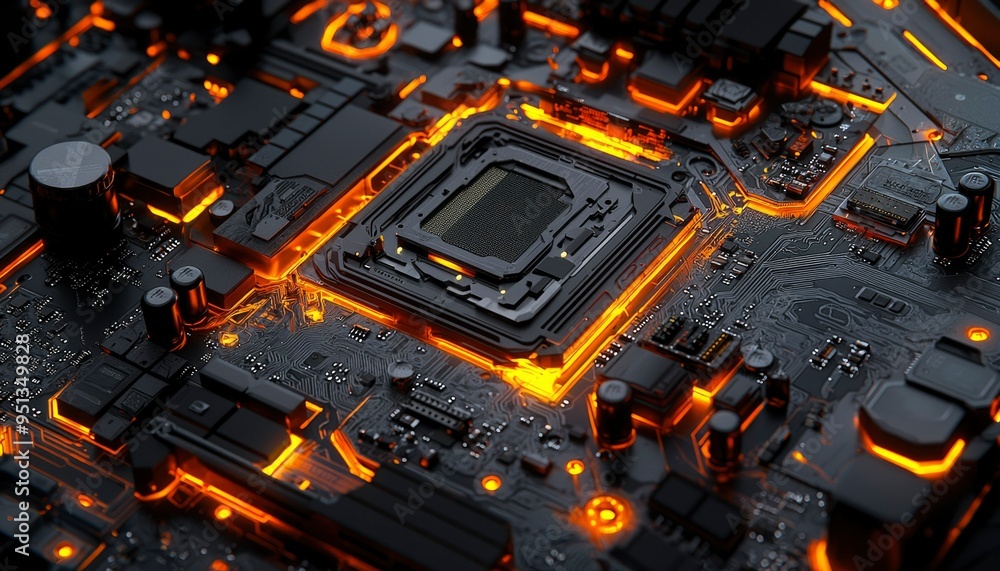 Fototapeta premium Glowing Orange Lines on Black Circuit Board