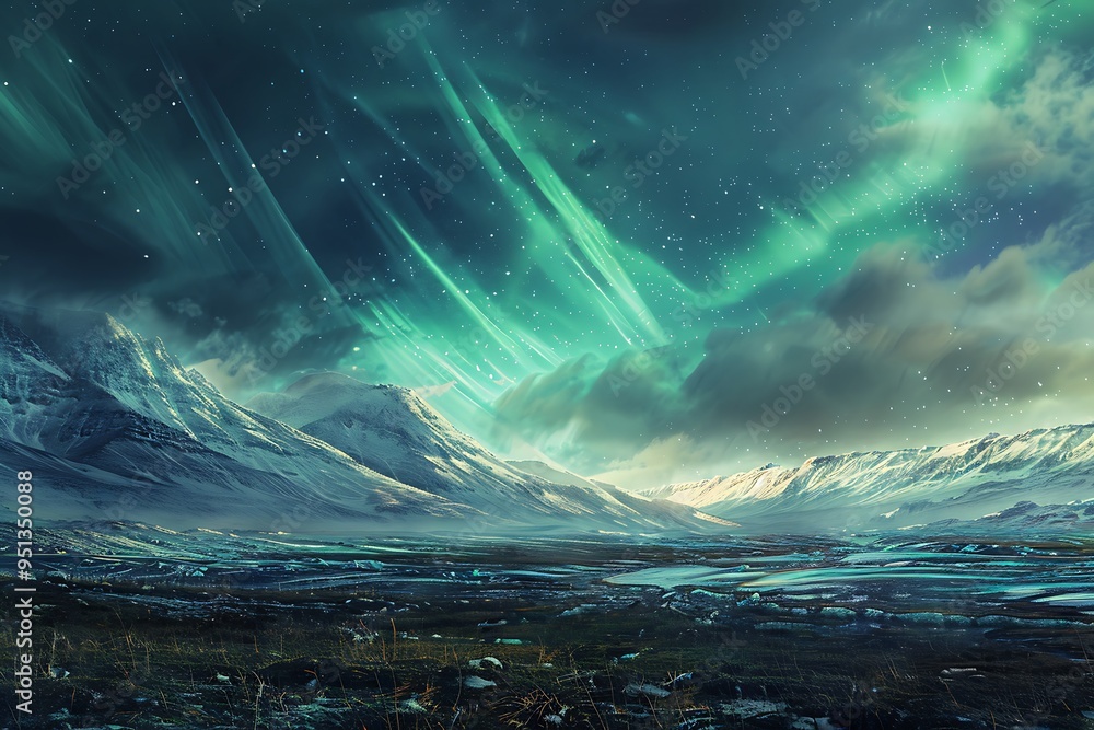 Aurora borealis over snowy mountains Aurora borealis over snowy mountains