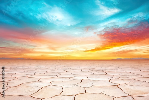 Severe drought, cracked earth in driedup lake bed  with dramatic lighting and an expansive, barren landscape