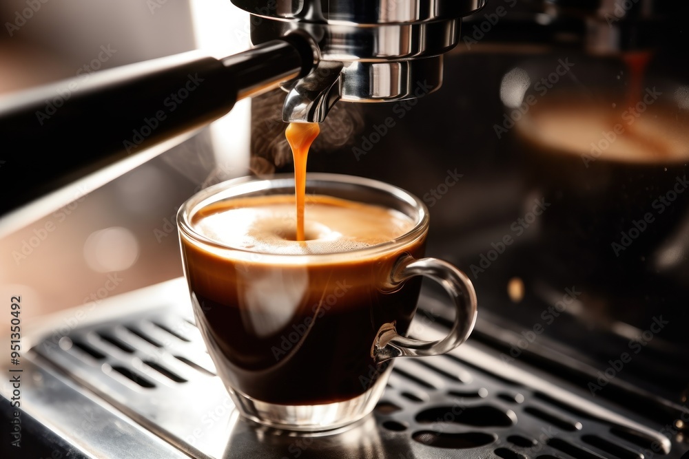 A Preparation of espresso coffee by using coffee machine. Espresso pouring from coffee machine. Close-up of espresso pouring from coffee machine. Professional coffee brewing. A Preparation of espresso coffee by using coffee machine. Espresso pouring from coffee machine. Close-up of espresso pouring from coffee machine. Professional coffee brewing.