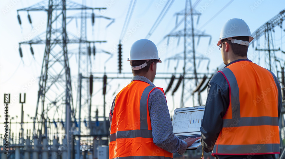 Asian engineer woman standing and use notebook computer to planning work at high voltage power station. Asian engineer woman standing and use notebook computer to planning work at high voltage power station.