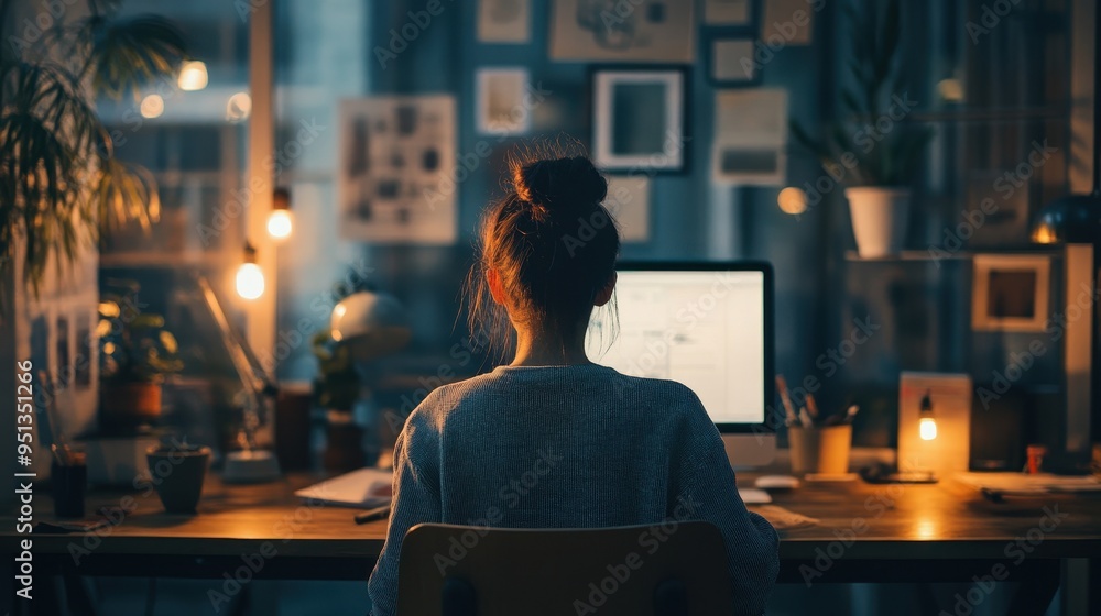 Cozy Home Office Workspace in the Evening Cozy Home Office Workspace in the Evening