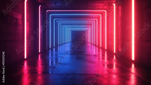 Vibrant, neon-lit corridor in a subterranean space with mirrored walls