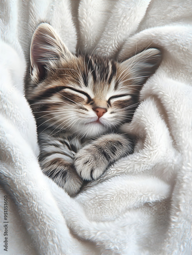Sleepy Tabby Kitten Snuggling in Plush Velvet Blanket on Minimal White Background Sleepy Tabby Kitten Snuggling in Plush Velvet Blanket on Minimal White Background