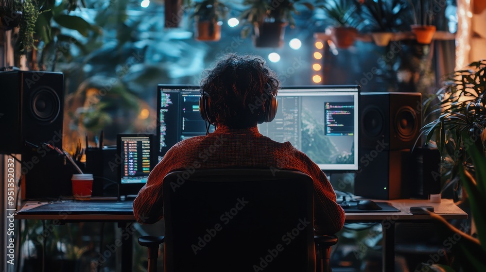 Programmer Coding in a Cozy Home Office with Houseplants Programmer Coding in a Cozy Home Office with Houseplants