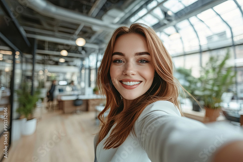 POV selfie portrait of a businesswoman standing in a modern open-plan office, waving