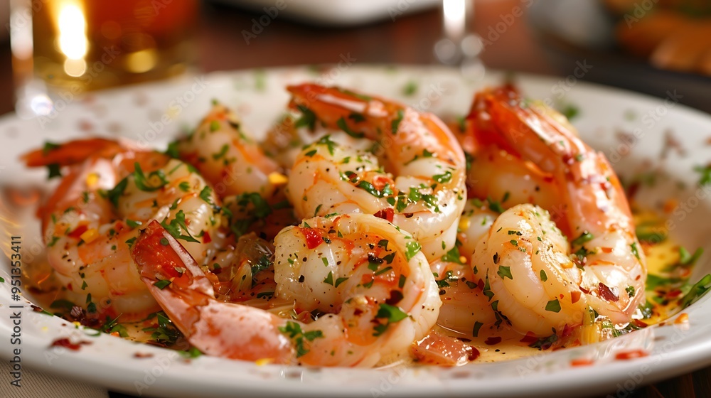 Fried shrimps with lemon and herbs on plate Fried shrimps with lemon and herbs on plate
