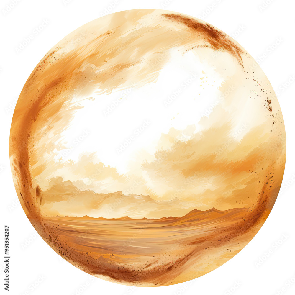 An illustration of sand and a dust storm inside a circle