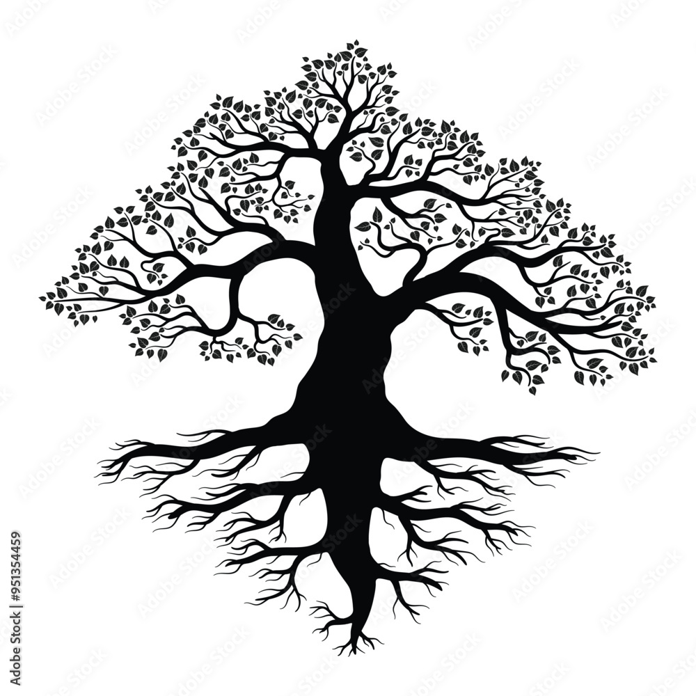 Tree. Silhouette of whole tree consisting of roots, trunk, branches, stems and leaves. Beautiful and artistic tree shape. Vector illustration. Tree. Silhouette of whole tree consisting of roots, trunk, branches, stems and leaves. Beautiful and artistic tree shape. Vector illustration.