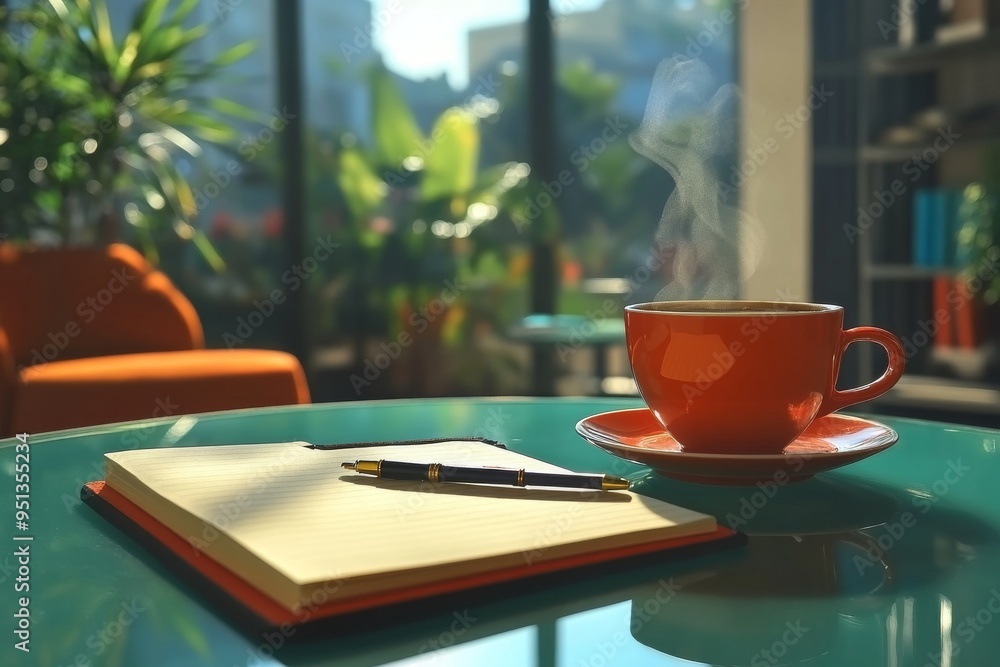 Morning Coffee with Diary and Pen on Office Table Morning Coffee with Diary and Pen on Office Table