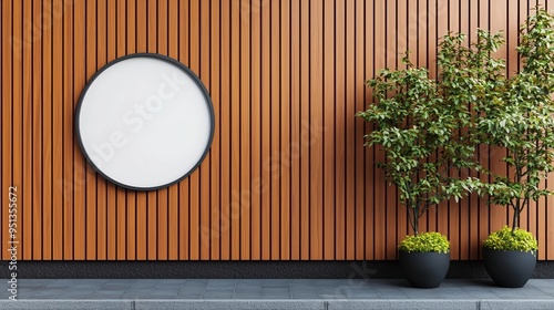 Contemporary wooden facade featuring a circular signboard, waiting for branding, stylish street setting, warm tones photo