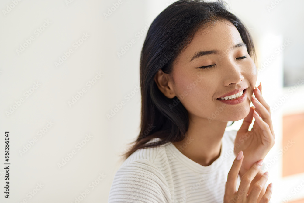 Beauty Face. Woman Touching Face With Eyes Closed, Embracing Inner Peace And Relaxation, Reflecting Skincare Routine, Beauty, And Self-Care Concepts. Beauty Face. Woman Touching Face With Eyes Closed, Embracing Inner Peace And Relaxation, Reflecting Skincare Routine, Beauty, And Self-Care Concepts.