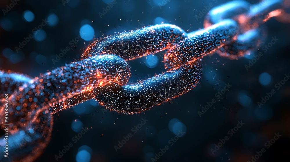 An abstract chain link glows with blue and orange particles, a vibrant display of tech elegance. An abstract chain link glows with blue and orange particles, a vibrant display of tech elegance.