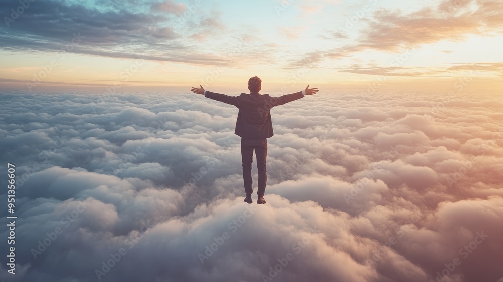 Businessman soaring high above the clouds, capturing the essence of reaching new heights and achieving business goals. Businessman soaring high above the clouds, capturing the essence of reaching new heights and achieving business goals.