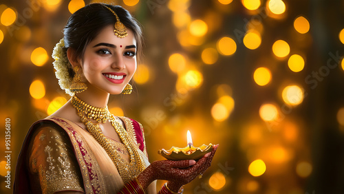 Young Indian woman in traditional attire holding oil lamp on Diwali festival