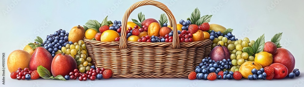 Picnic basket overflowing with fresh fruits and berries, Picnic basket with fresh fruits, Healthy and colorful Picnic basket overflowing with fresh fruits and berries, Picnic basket with fresh fruits, Healthy and colorful