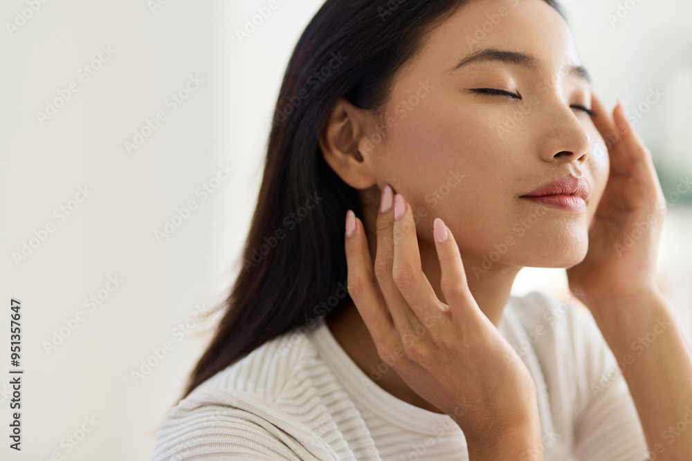 Face Skin Care. Woman With Radiant Skin Indulging In Beauty Ritual, Exuding Calmness And Self-Care. Perfect Concept For Skincare, Wellness, And Tranquility. Face Skin Care. Woman With Radiant Skin Indulging In Beauty Ritual, Exuding Calmness And Self-Care. Perfect Concept For Skincare, Wellness, And Tranquility.