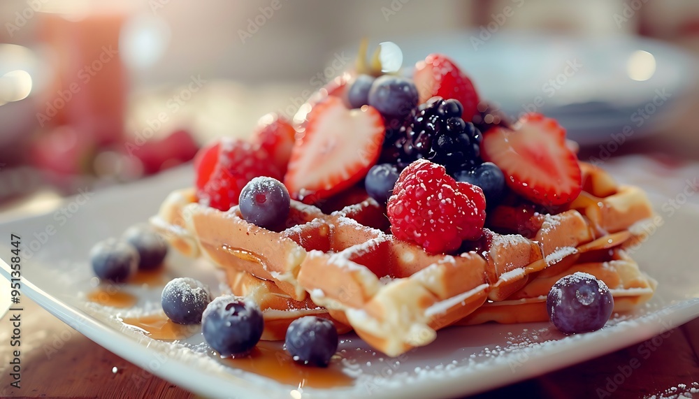 Belgian waffles with fresh berries and powdered sugar Belgian waffles with fresh berries and powdered sugar