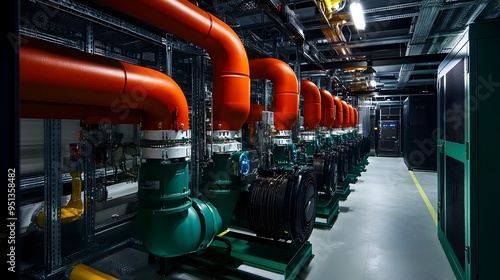 Wallpaper Mural Photograph of Intricate Heat Exchanger Systems in a State of the Art High Capacity Data Center Showcasing Cutting Edge Thermal Management Technology for Efficient Computing Infrastructure Torontodigital.ca