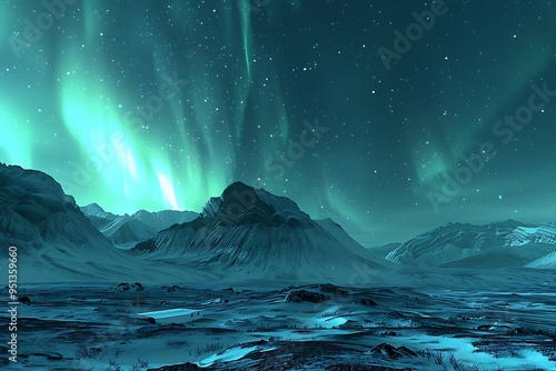 Aurora borealis over snowy mountains in winter