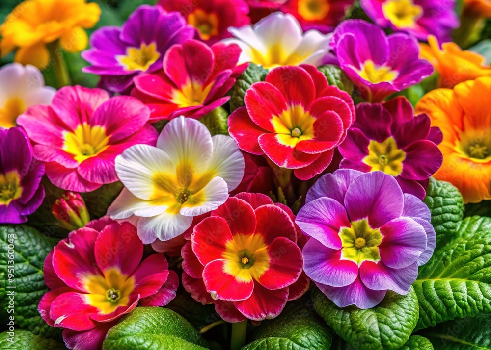 Delicate primrose flowers unfurl in a kaleidoscope of colors, a tapestry of yellow, pink, and white amidst lush green leaves in a serene garden scene. Delicate primrose flowers unfurl in a kaleidoscope of colors, a tapestry of yellow, pink, and white amidst lush green leaves in a serene garden scene.
