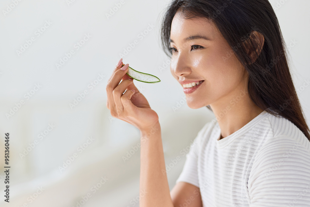 Aloe Skin Care. Woman Holding Aloe Vera Piece, Radiating Confidence And Freshness, Promoting Health And Beauty With Organic Ingredients In Clean. Aloe Skin Care. Woman Holding Aloe Vera Piece, Radiating Confidence And Freshness, Promoting Health And Beauty With Organic Ingredients In Clean.
