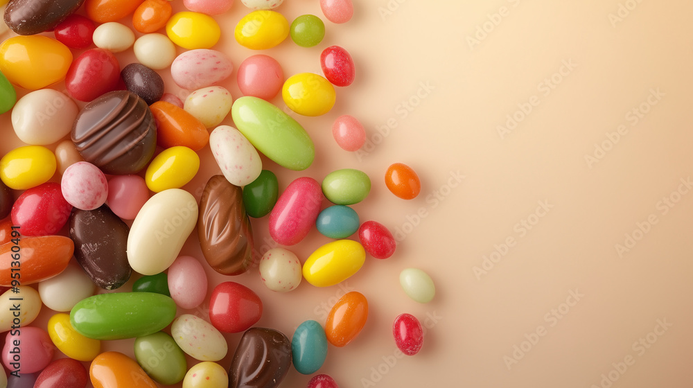 Candy Rain: A burst of colorful jelly beans falls against a vibrant brown backdrop, capturing the sweet and playful energy of a delicious treat. Candy Rain: A burst of colorful jelly beans falls against a vibrant brown backdrop, capturing the sweet and playful energy of a delicious treat.