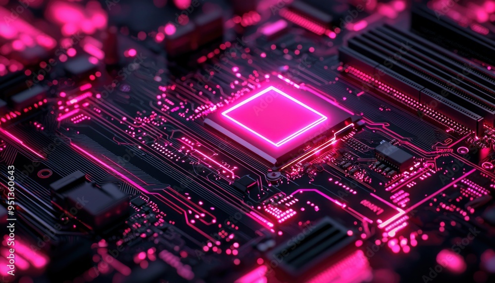 Pink Neon Glowing Motherboard with Processor Pink Neon Glowing Motherboard with Processor