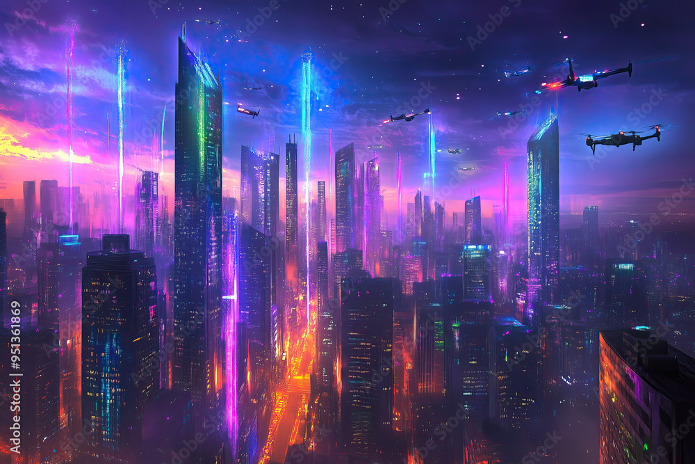 Cyberpunk city and drones Cyberpunk city and drones