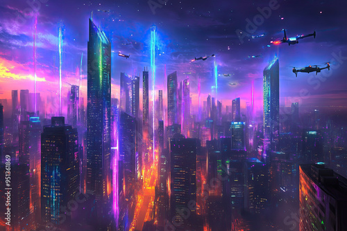 Cyberpunk city and drones