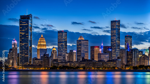 Urban CBD office, the city skyline and commercial area are outside the floor window