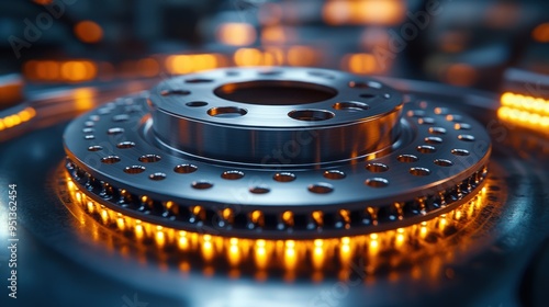 Wallpaper Mural Detailed close-up of a high-tech metallic gear with perforations, surrounded by glowing orange lights, highlighting advanced engineering and precision mechanics. Torontodigital.ca