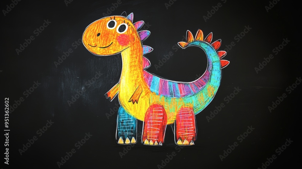 Fototapeta premium Chalk Drawing of Cute Dinosaur on Blackboard with Vivid Colors