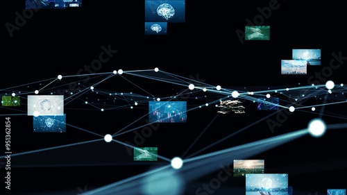 Composite concept of multiple video screens and communication network photo