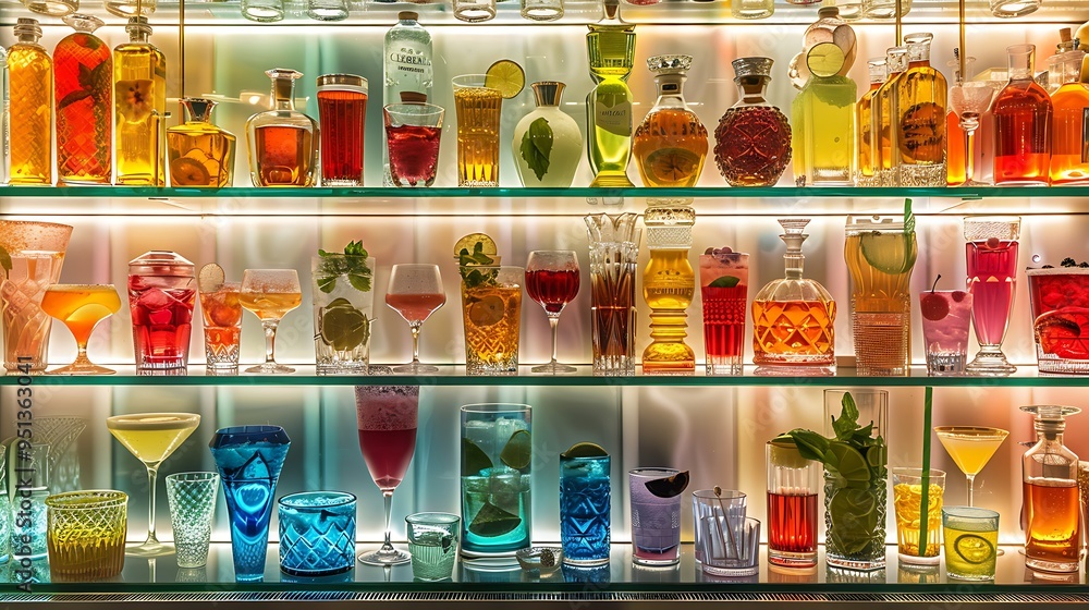 A vibrant selection of drinks in a showcase A vibrant selection of drinks in a showcase
