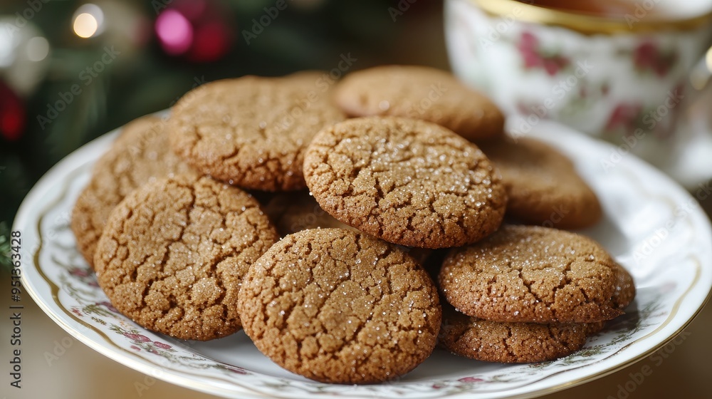 Delicious Ginger Cookies on a Plate with Festive Decorations Delicious Ginger Cookies on a Plate with Festive Decorations