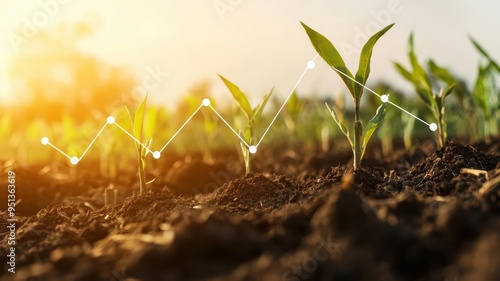 Graphs of drought induced market changes, overlaid on an image of withered crops and dusty soil photo