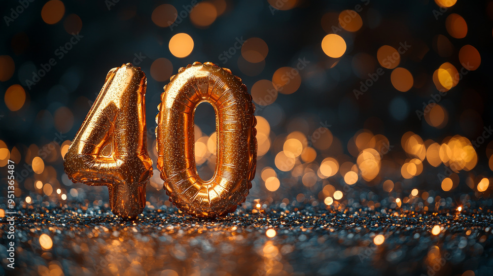 Gold foil balloon number, digit forty. Birthday greeting card with inscription 40th. Anniversary celebration event. Banner. Golden numeral, black background. Numerical digit, light bokeh, glitter Gold foil balloon number, digit forty. Birthday greeting card with inscription 40th. Anniversary celebration event. Banner. Golden numeral, black background. Numerical digit, light bokeh, glitter