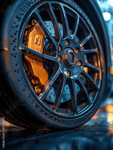 Close-up shot of a high-performance car wheel showcasing the detailed alloy rim and the visible brake caliper in a dimly lit environment.