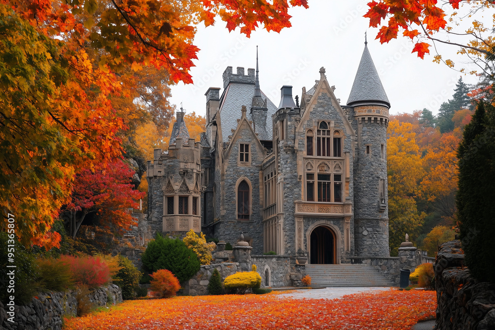 Obraz premium Castle Mystique: Autumn Leaves Swirling in Seasonal Splendor