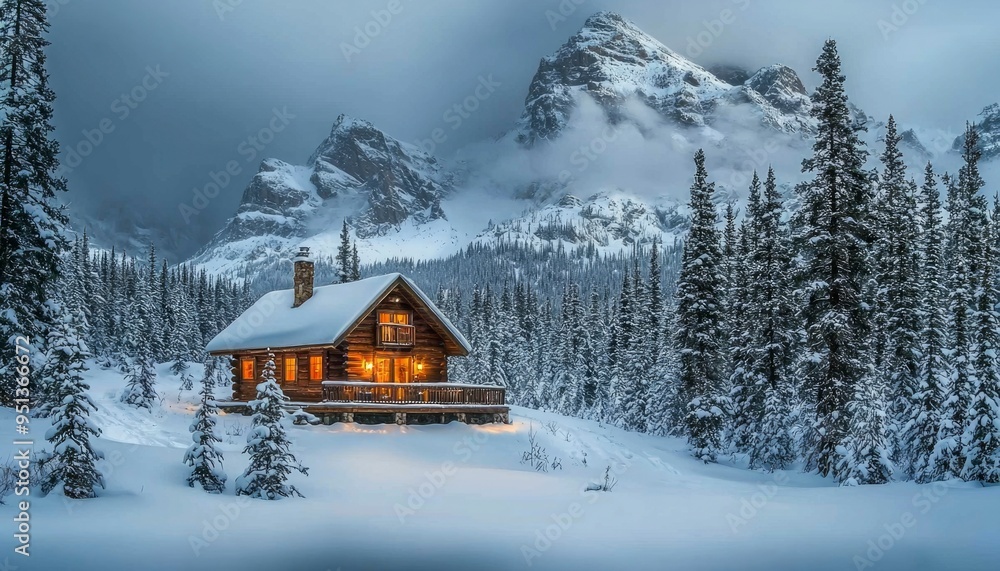 A Cozy Cabin Nestled in a Snowy Mountain Valley A Cozy Cabin Nestled in a Snowy Mountain Valley