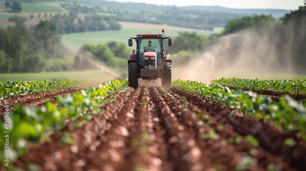 Fototapeta premium A tractor fitted with a crop sprayer traverses the field, spraying a fine mist of pesticide over the crops below