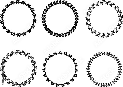 Set of six black and white round frames with simple geometric patterns floral patterns in flat vector illustration designs