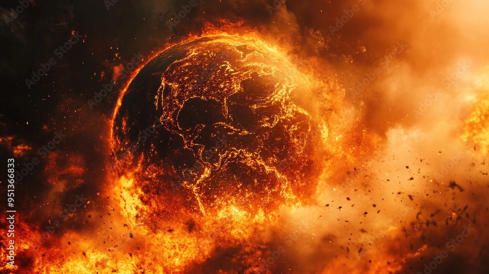 Earth covered in fire, a dramatic scene of Armageddon with the land consumed by intense flames and destruction. Earth covered in fire, a dramatic scene of Armageddon with the land consumed by intense flames and destruction.