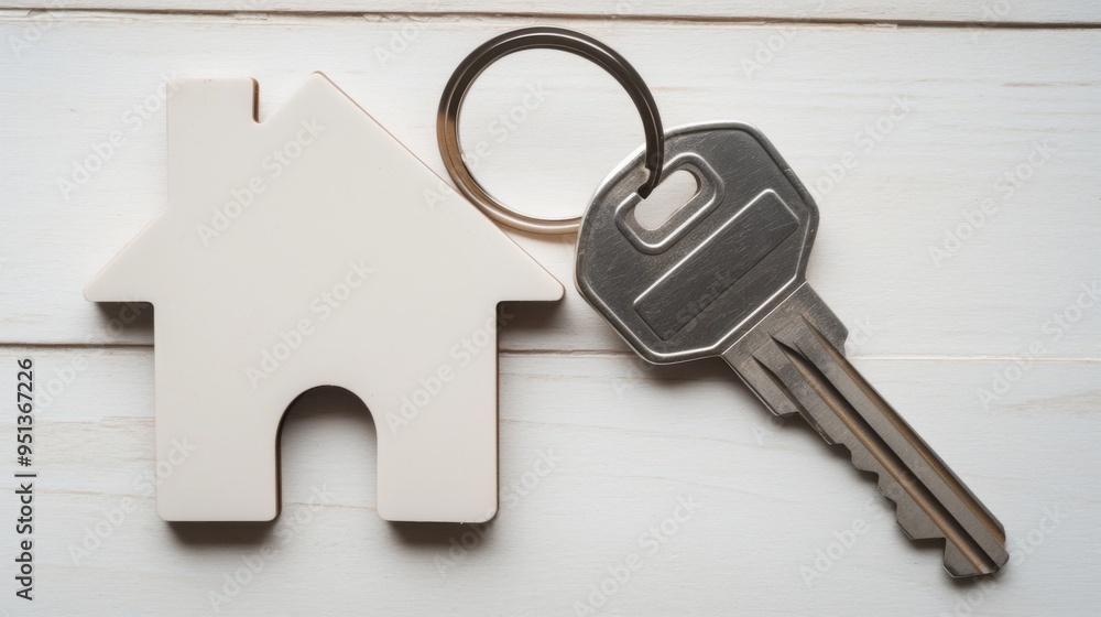 House keys with house shaped keychain on table House keys with house shaped keychain on table