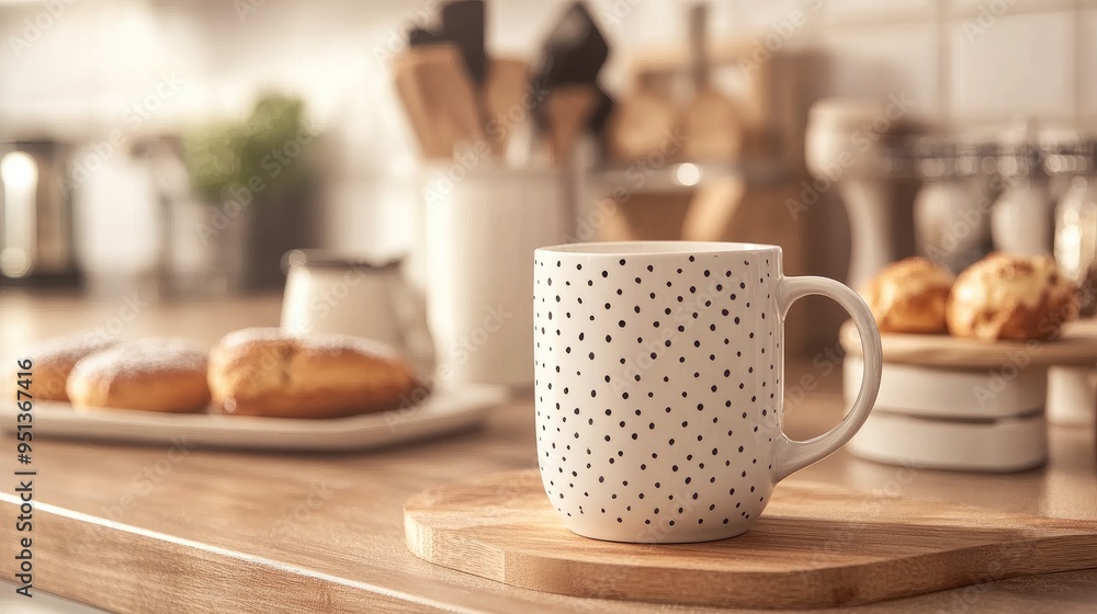 A dotted ceramic mug on a kitchen countertop, with a cozy setting of coffee and pastries A dotted ceramic mug on a kitchen countertop, with a cozy setting of coffee and pastries